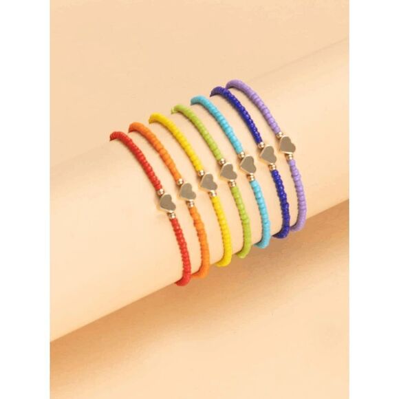 Rainbow Seed Bead Sweet Heart Bracelet Set - Picture 2 of 7